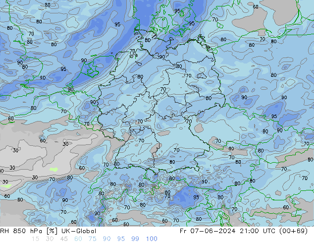 RH 850 гПа UK-Global пт 07.06.2024 21 UTC