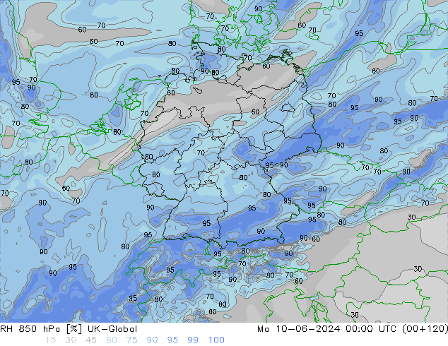 Humidité rel. 850 hPa UK-Global lun 10.06.2024 00 UTC