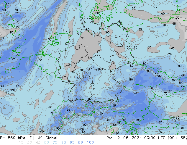 850 hPa Nispi Nem UK-Global Çar 12.06.2024 00 UTC