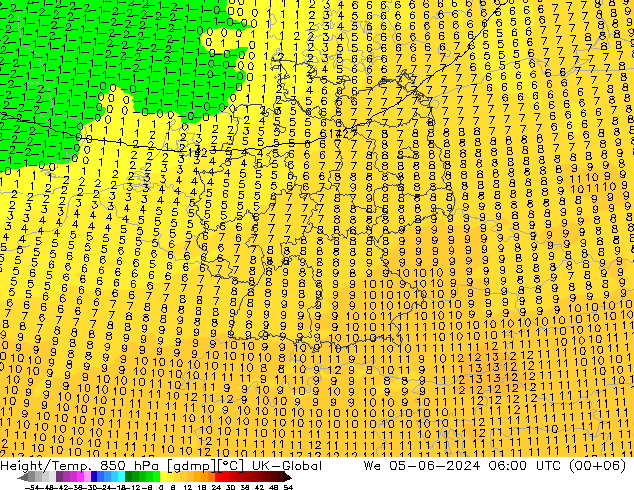 Hoogte/Temp. 850 hPa UK-Global wo 05.06.2024 06 UTC