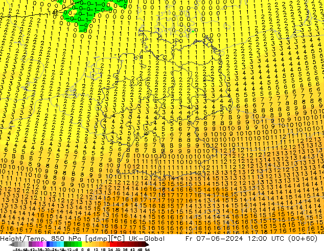 Height/Temp. 850 hPa UK-Global Fr 07.06.2024 12 UTC