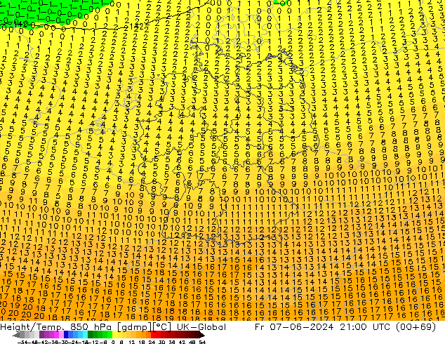 Height/Temp. 850 hPa UK-Global ven 07.06.2024 21 UTC