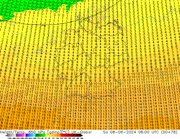 Height/Temp. 850 hPa UK-Global  08.06.2024 06 UTC