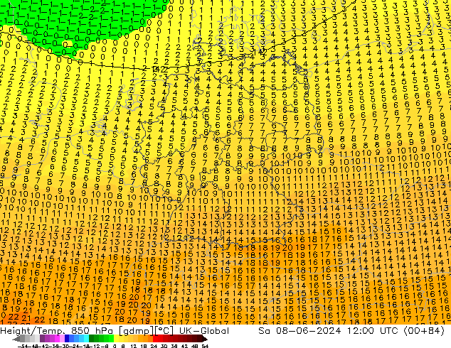 Geop./Temp. 850 hPa UK-Global sáb 08.06.2024 12 UTC