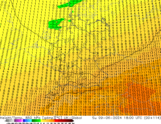 Yükseklik/Sıc. 850 hPa UK-Global Paz 09.06.2024 18 UTC