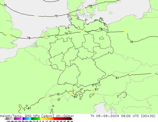Height/Temp. 950 hPa UK-Global czw. 06.06.2024 06 UTC