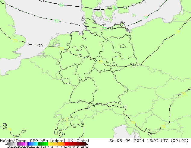 Height/Temp. 950 гПа UK-Global сб 08.06.2024 18 UTC