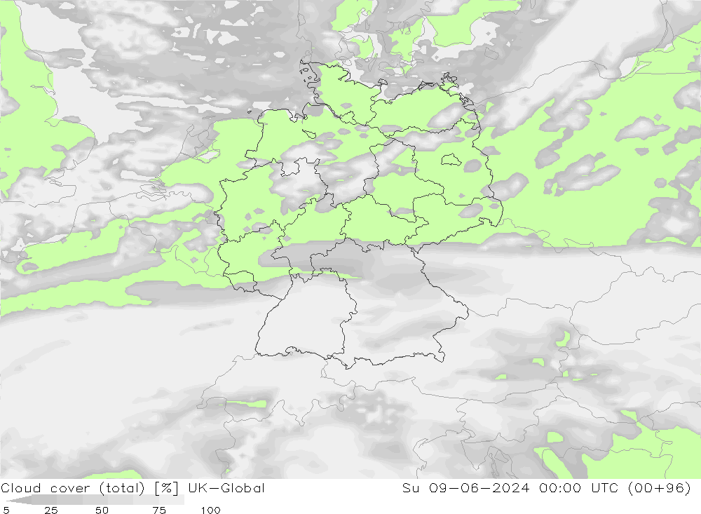 Bewolking (Totaal) UK-Global zo 09.06.2024 00 UTC