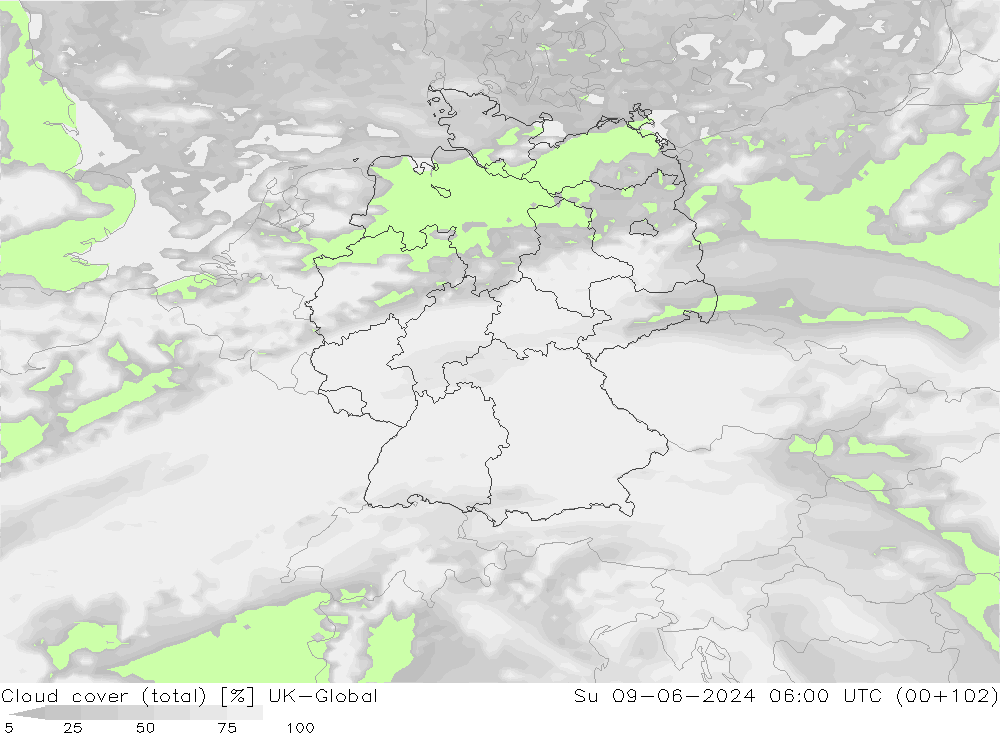 Cloud cover (total) UK-Global Su 09.06.2024 06 UTC