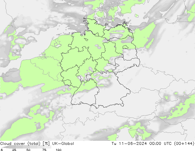 Bewolking (Totaal) UK-Global di 11.06.2024 00 UTC