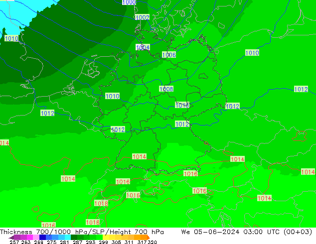 700-1000 hPa Kalınlığı UK-Global Çar 05.06.2024 03 UTC