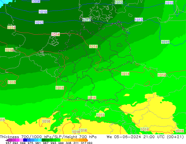 Espesor 700-1000 hPa UK-Global mié 05.06.2024 21 UTC