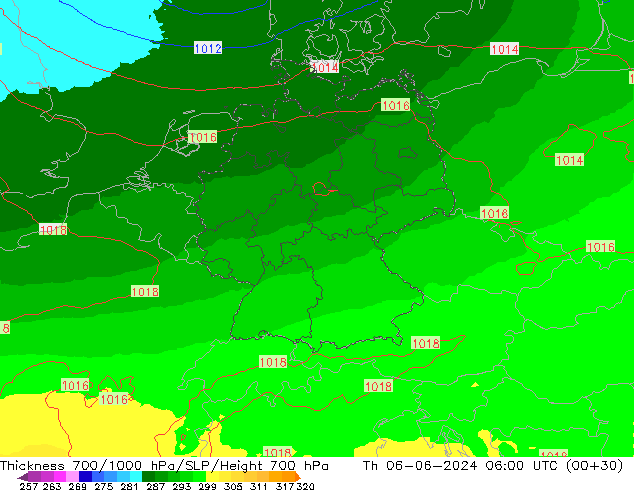 700-1000 hPa Kalınlığı UK-Global Per 06.06.2024 06 UTC