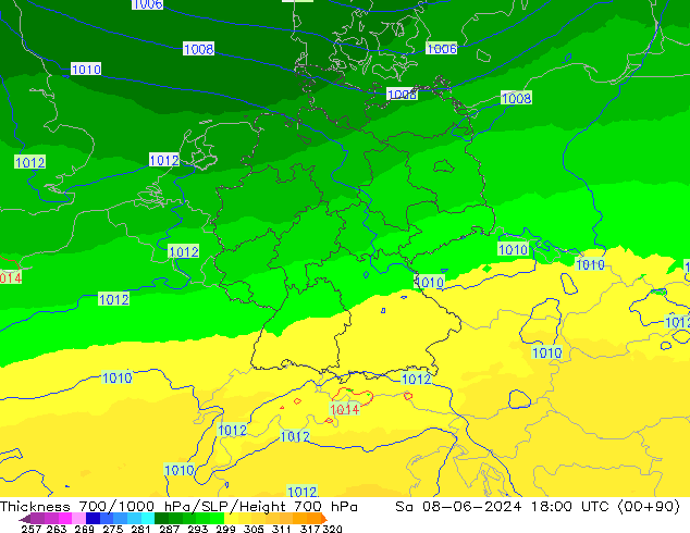 Thck 700-1000 гПа UK-Global сб 08.06.2024 18 UTC