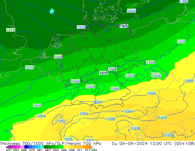 Thck 700-1000 hPa UK-Global  09.06.2024 12 UTC
