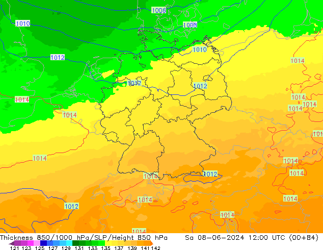 Thck 850-1000 гПа UK-Global сб 08.06.2024 12 UTC