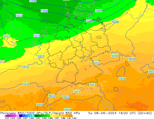 Schichtdicke 850-1000 hPa UK-Global Sa 08.06.2024 18 UTC