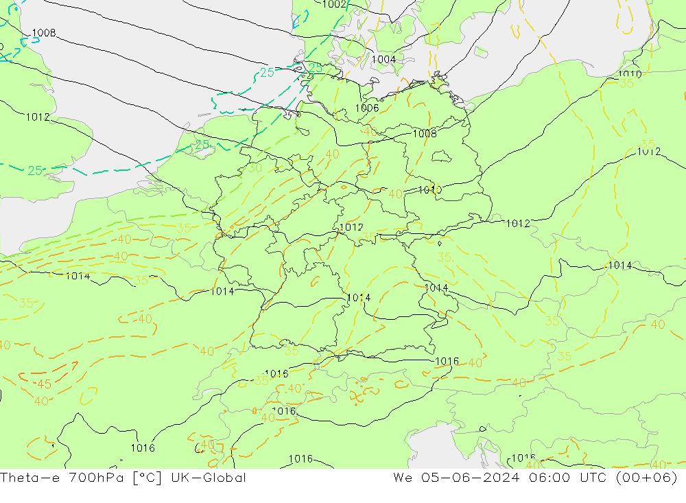 Theta-e 700hPa UK-Global Qua 05.06.2024 06 UTC