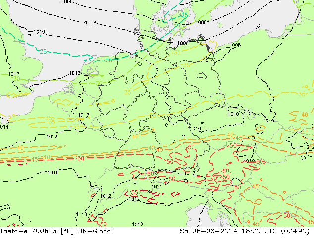 Theta-e 700гПа UK-Global сб 08.06.2024 18 UTC