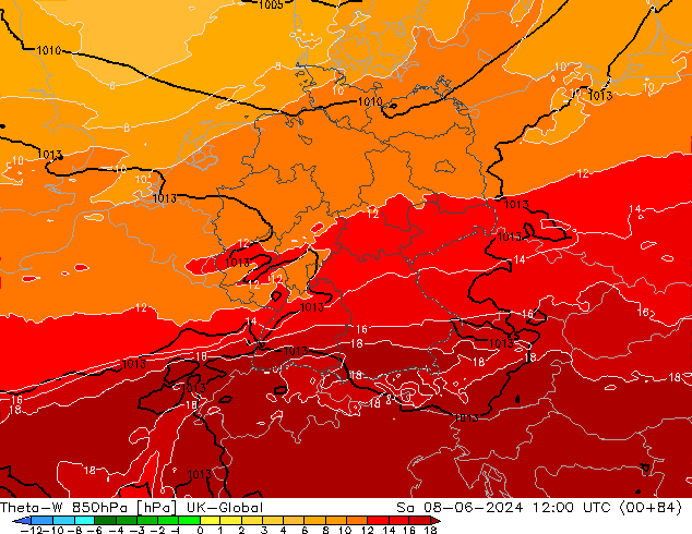 Theta-W 850гПа UK-Global сб 08.06.2024 12 UTC