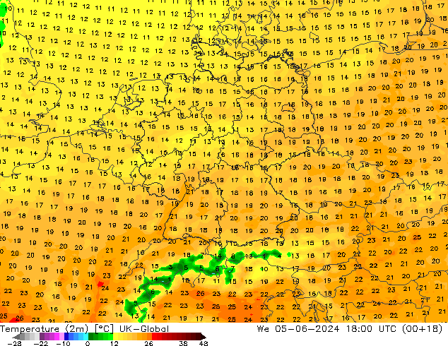 Temperature (2m) UK-Global We 05.06.2024 18 UTC