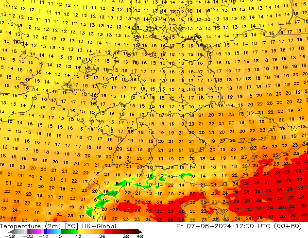 Temperatuurkaart (2m) UK-Global vr 07.06.2024 12 UTC