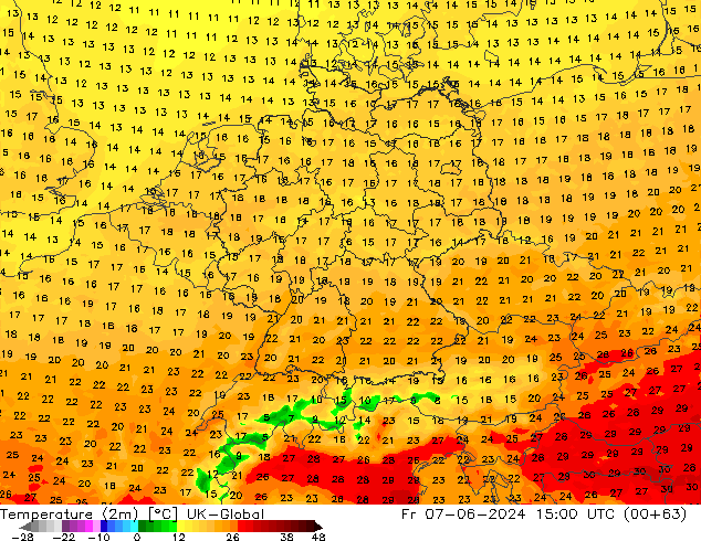 Temperature (2m) UK-Global Fr 07.06.2024 15 UTC