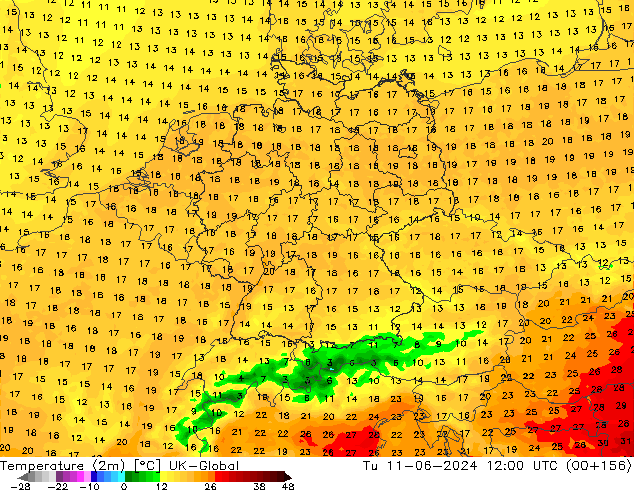 Temperature (2m) UK-Global Tu 11.06.2024 12 UTC