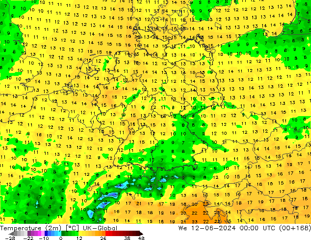 Temperatura (2m) UK-Global mer 12.06.2024 00 UTC