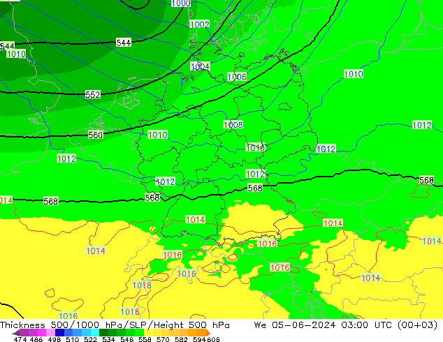 Dikte 500-1000hPa UK-Global wo 05.06.2024 03 UTC