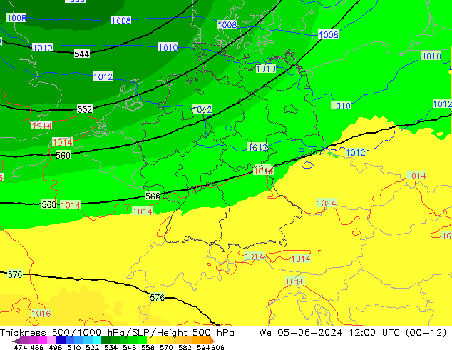 Espesor 500-1000 hPa UK-Global mié 05.06.2024 12 UTC