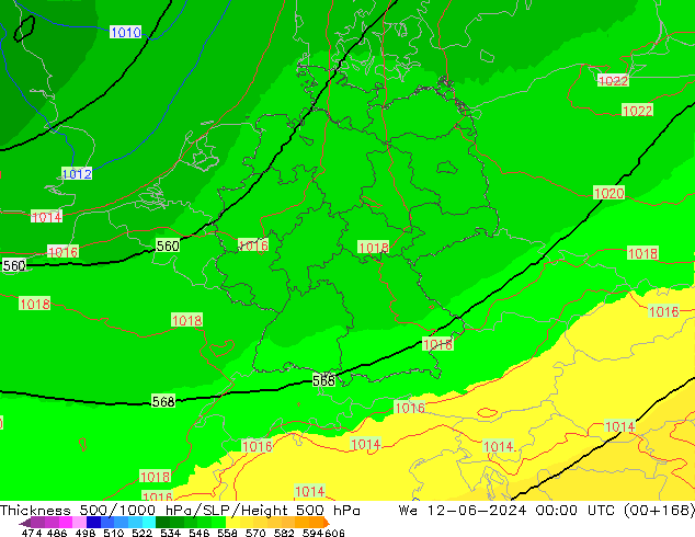 Espesor 500-1000 hPa UK-Global mié 12.06.2024 00 UTC