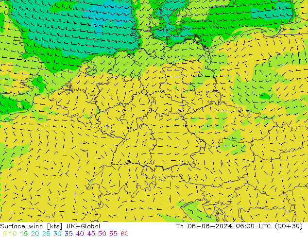 Surface wind UK-Global Th 06.06.2024 06 UTC