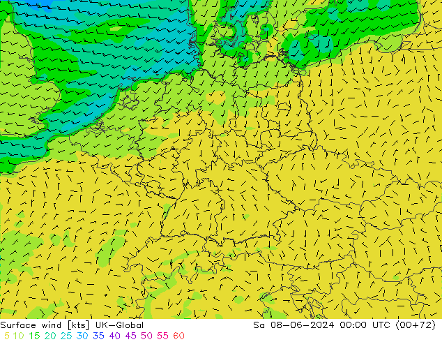 Vento 10 m UK-Global Sáb 08.06.2024 00 UTC