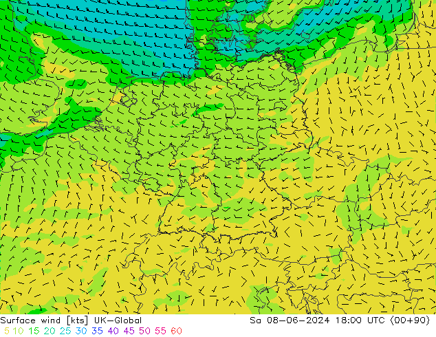 Surface wind UK-Global Sa 08.06.2024 18 UTC