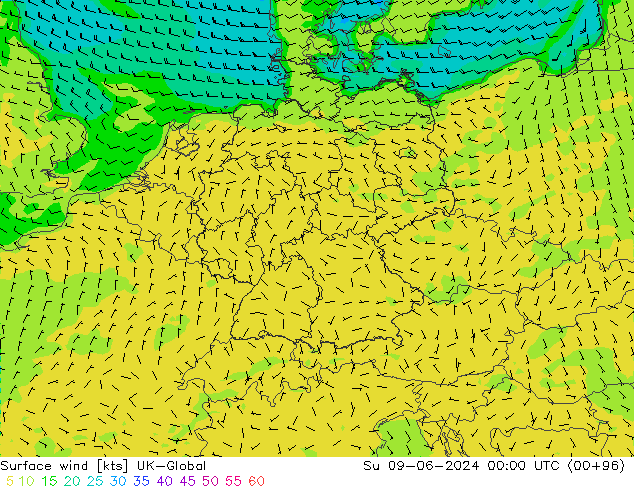 wiatr 10 m UK-Global nie. 09.06.2024 00 UTC