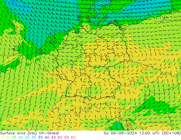 Surface wind UK-Global Su 09.06.2024 12 UTC