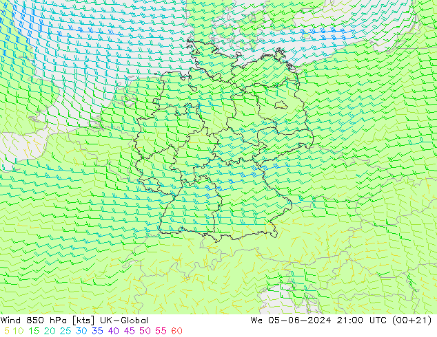 Vento 850 hPa UK-Global mer 05.06.2024 21 UTC