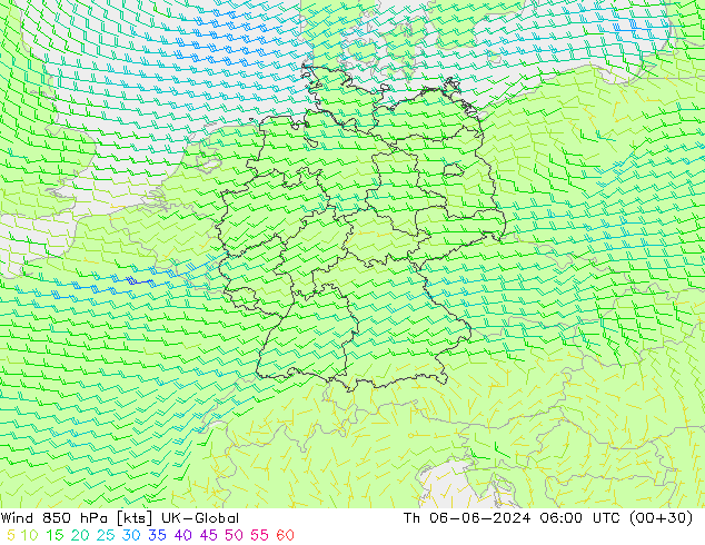 Wind 850 hPa UK-Global Th 06.06.2024 06 UTC