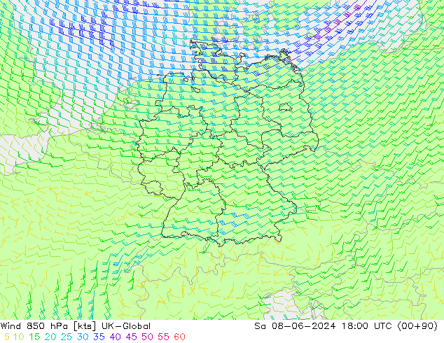 Vento 850 hPa UK-Global Sáb 08.06.2024 18 UTC