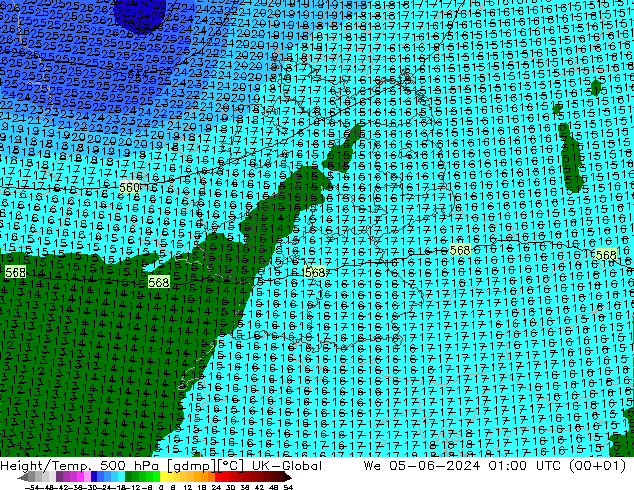 Géop./Temp. 500 hPa UK-Global mer 05.06.2024 01 UTC