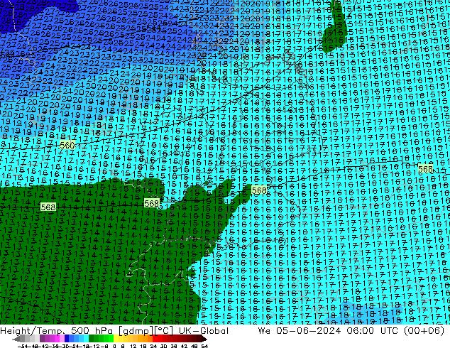 Geop./Temp. 500 hPa UK-Global mié 05.06.2024 06 UTC