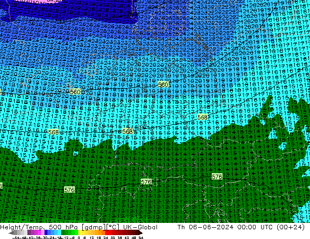 Height/Temp. 500 hPa UK-Global czw. 06.06.2024 00 UTC