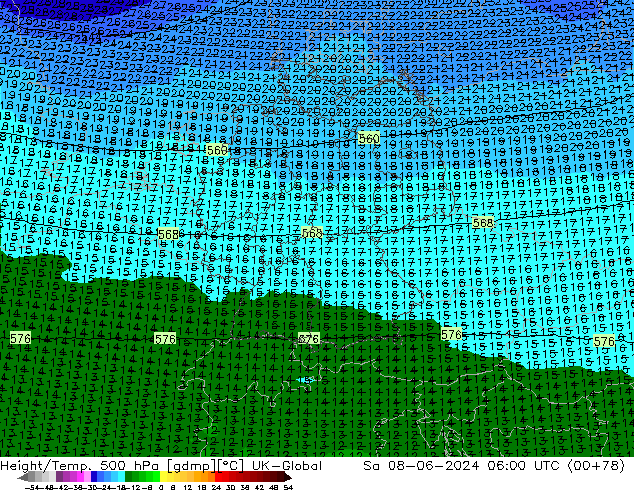 Height/Temp. 500 hPa UK-Global Sa 08.06.2024 06 UTC