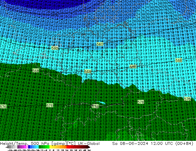 Height/Temp. 500 hPa UK-Global Sa 08.06.2024 12 UTC