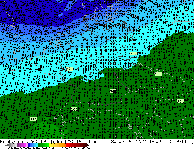 Height/Temp. 500 hPa UK-Global Ne 09.06.2024 18 UTC