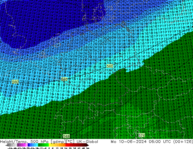 Height/Temp. 500 hPa UK-Global Mo 10.06.2024 06 UTC