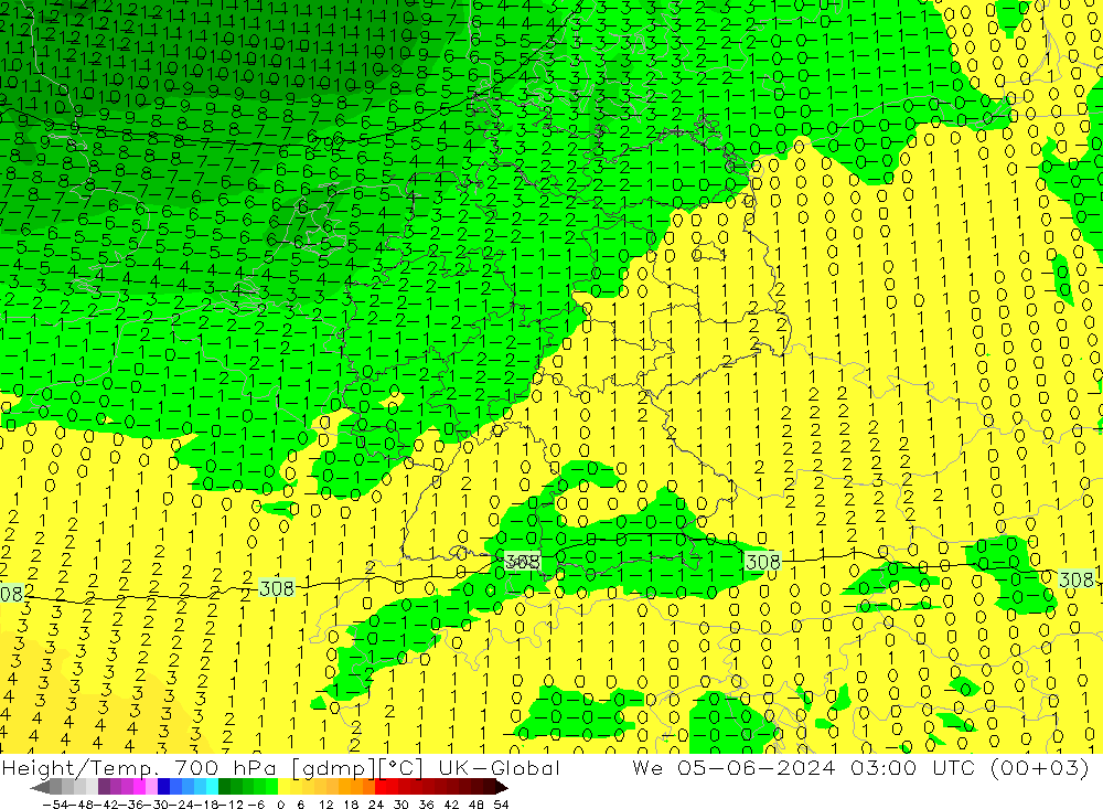 Géop./Temp. 700 hPa UK-Global mer 05.06.2024 03 UTC