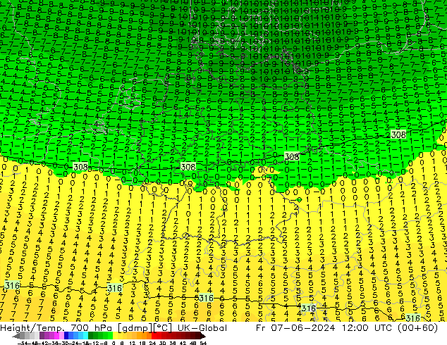 Height/Temp. 700 hPa UK-Global Fr 07.06.2024 12 UTC