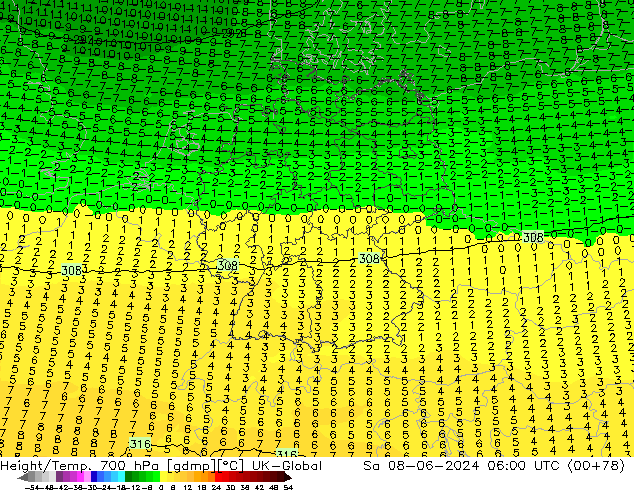 Hoogte/Temp. 700 hPa UK-Global za 08.06.2024 06 UTC